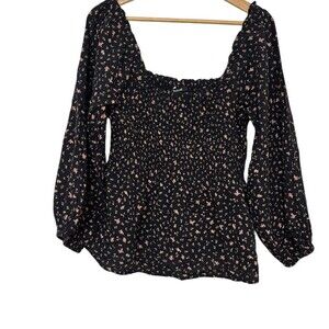 Madewell Blouse Womens Size 12 Black Floral Smocked Peplum Square Neck